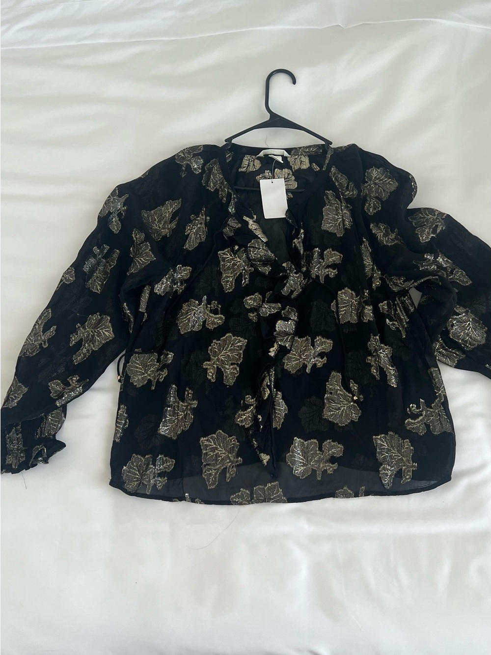 H&M Black Sheer Blouse with Gold Floral Accents